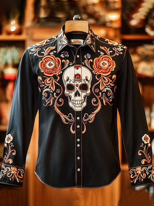 Men's Outdoor Vintage Skull and Floral Print Long Sleeve Shirt