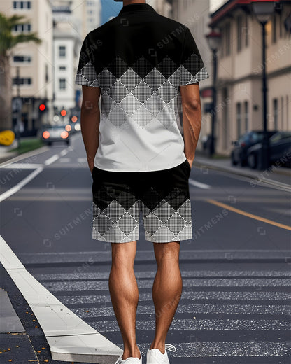 Men's Color Blocked Summer Polo Shorts Set 05
