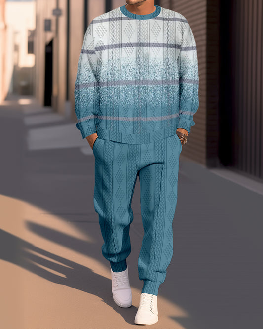 Men's Textured Jacquard Round Neck Casual Sports Set  012