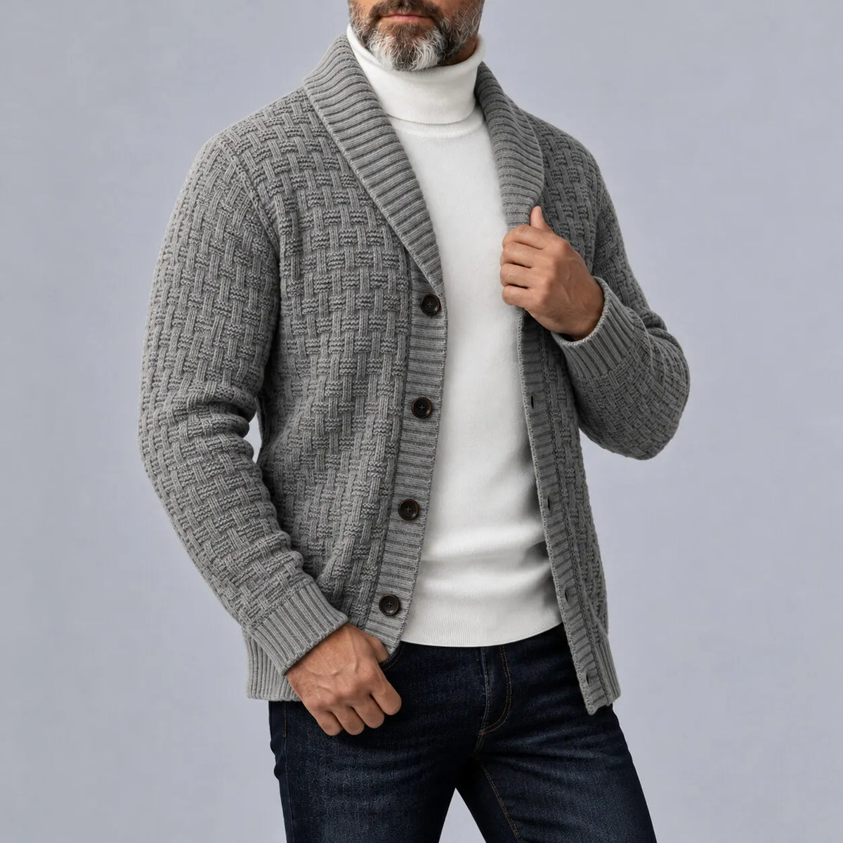 Men's Gray Geometric Textured Knit Shawl Lapel Single-Breasted Cardigan