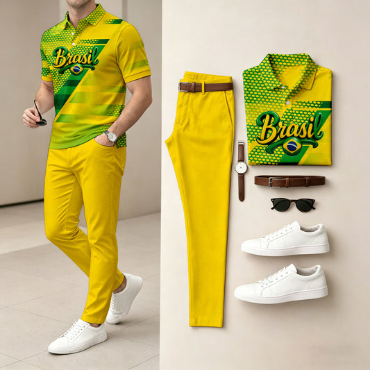 Men's Casual Yellow Letters Sporty Printed Polo Shirt And Pants Two-Piece Set