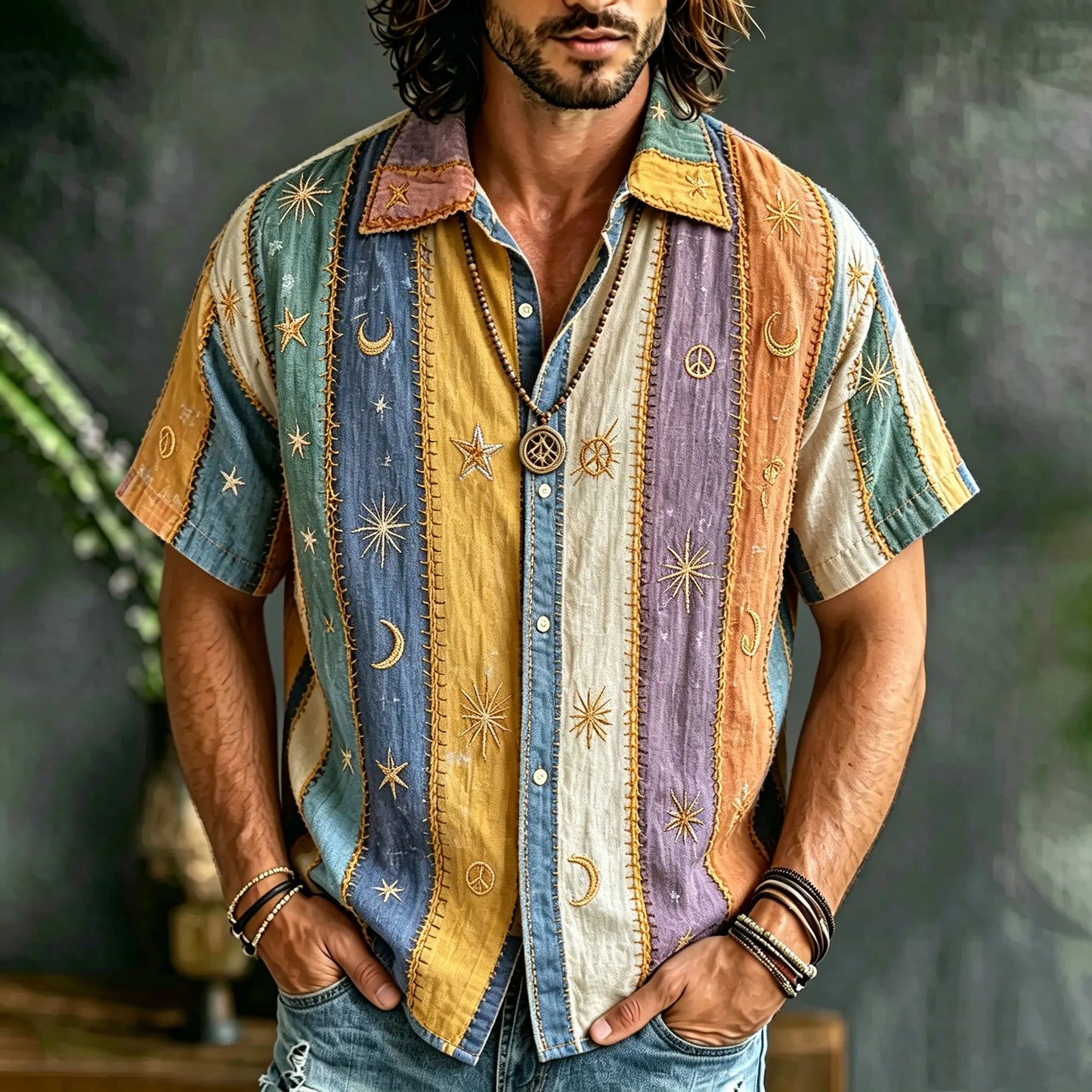 Men's Rainbow Striped Patchwork Button Down Shirt, 3d Embroidery Star Moon Peace Symbol Hippie Celestial Short Sleeve Casual Western Top