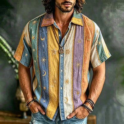 Men's Rainbow Striped Patchwork Button Down Shirt, 3d Embroidery Star Moon Peace Symbol Hippie Celestial Short Sleeve Casual Western Top