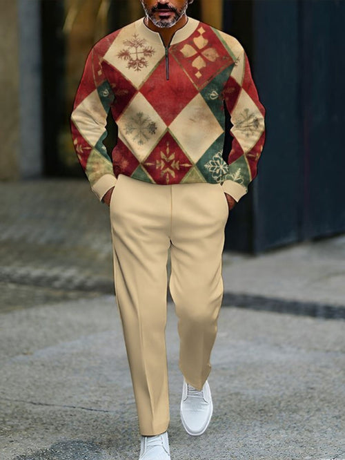 Men's Casual Christmas Printed Round-Neck Zipper Long Sleeved Trousers Two-Piece Set