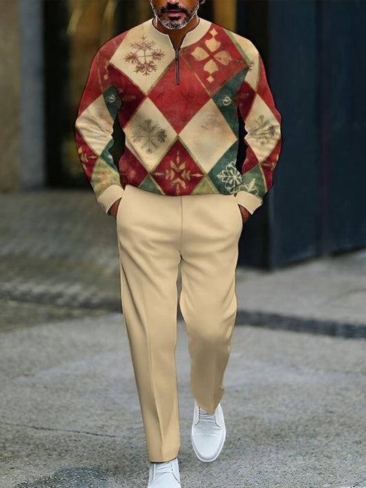 Men's Casual Christmas Printed Round-Neck Zipper Long Sleeved Trousers Two-Piece Set