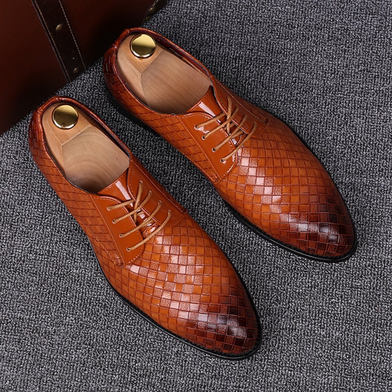 Men's Business Casual Pointed Toe Patchwork Plaid Faux Leather Shoes