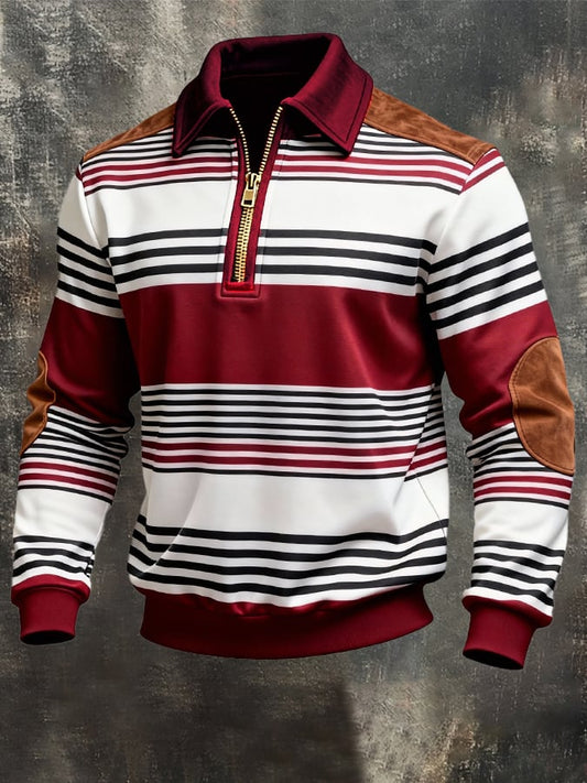 Men's Retro Color Block Print Zipper Sweatshirt