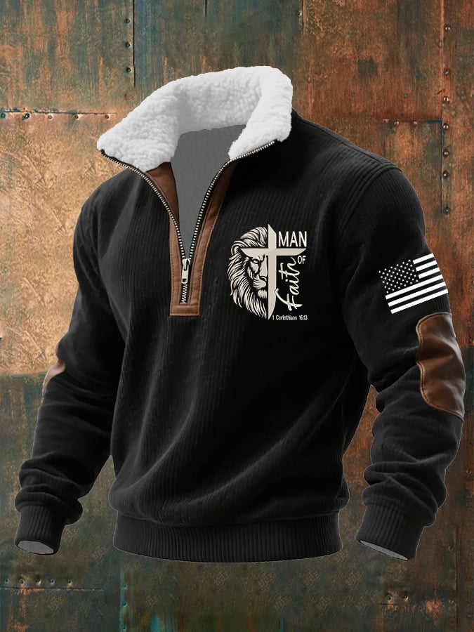 Men's Faith Print Knitted Fabric Zipper Fur Collar Long-Sleeved Sweatshirt