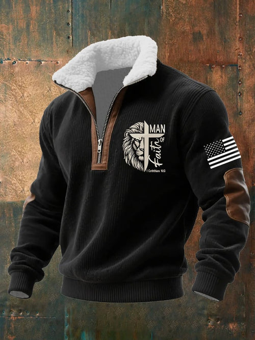 Men's Faith Print Knitted Fabric Zipper Fur Collar Long-Sleeved Sweatshirt