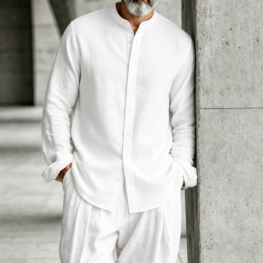 Men's Stand-Collar Half-Open Henley Shirt and Trousers Set