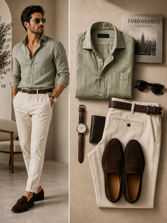 Men's Sage Textured Long Sleeve Button Down Shirt & Ivory Tailored Pants 2 Piece Set