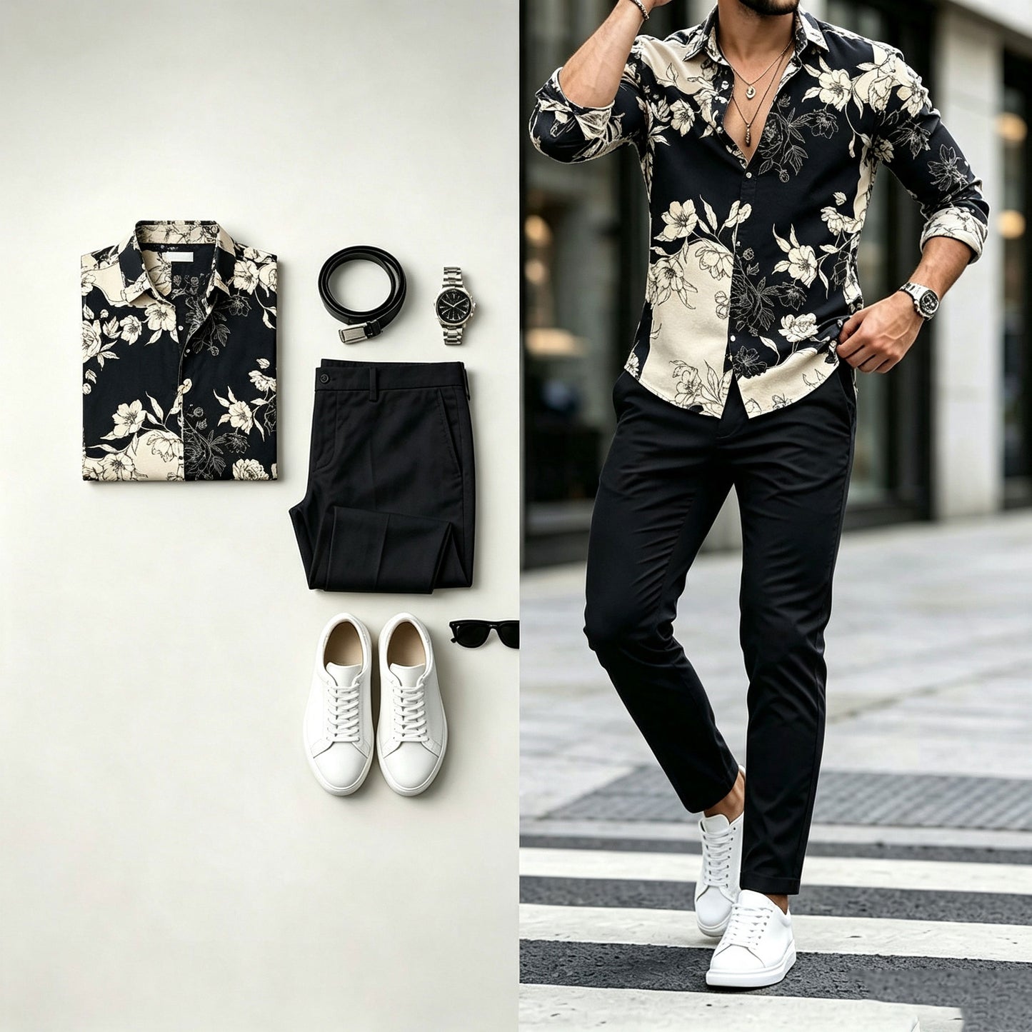 Men's Floral-Print Long-Sleeve Shirt and Pants Set