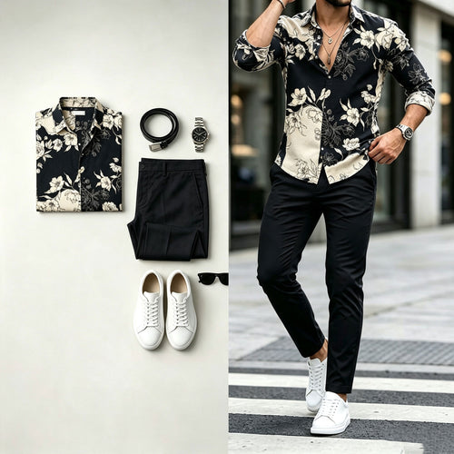 Men's Floral-Print Long-Sleeve Shirt and Pants Set