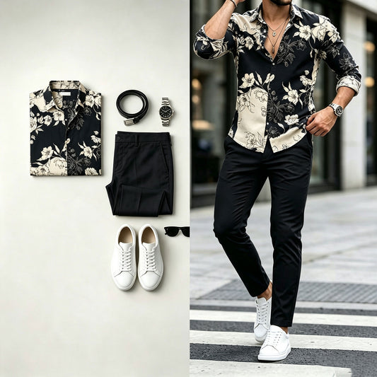 Men's Floral-Print Long-Sleeve Shirt and Pants Set