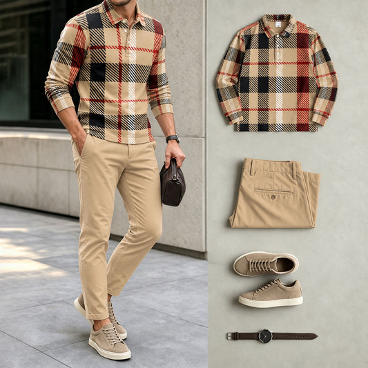 Men's Printed Polo Shirt and Pants Set