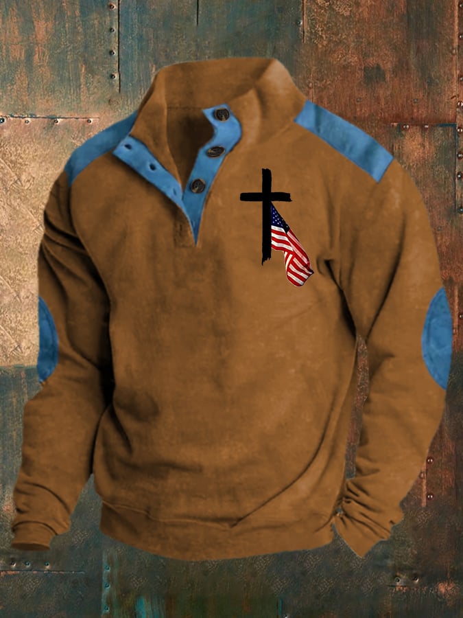 Men's Retro Western Color Block  Belief Print Long Sleeve Sweatshirt