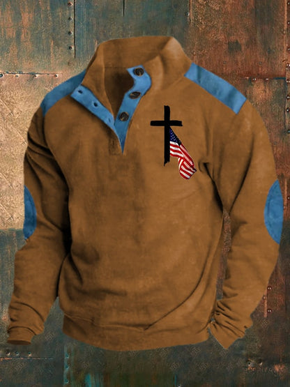Men's Retro Western Color Block  Belief Print Long Sleeve Sweatshirt