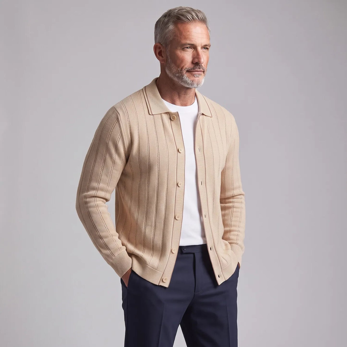 Men's Navy Blue Hollow Out Contrast Trim Single Breasted Knit Cardigan