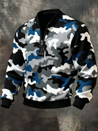 Men'S Casual Retro Contrast Color Half Zip Stand Collar Long Sleeve Sweatshirt