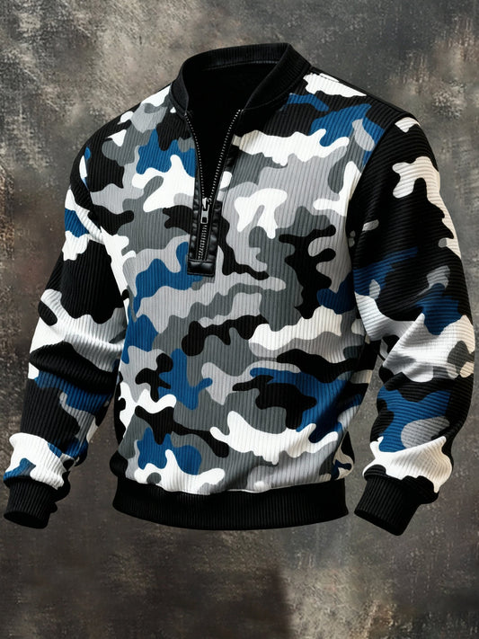 Men'S Casual Retro Contrast Color Half Zip Stand Collar Long Sleeve Sweatshirt