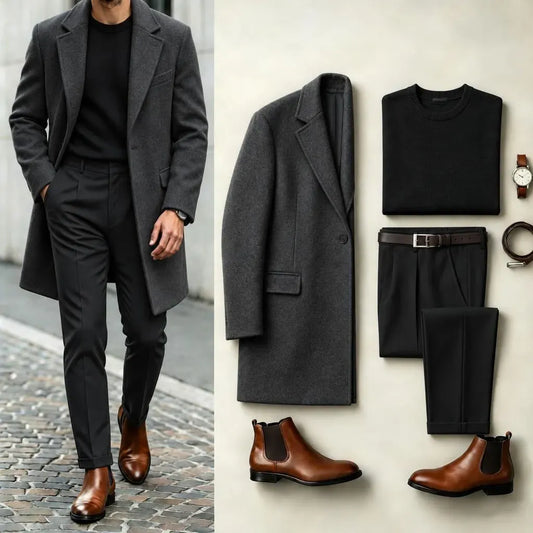 Men's Two-Tone Suit Set: Dark Gray Coat, Black Knit Sweater, and Black Dress Pants