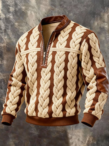 Men's Retro Color Block Print Zipper Sweatshirt