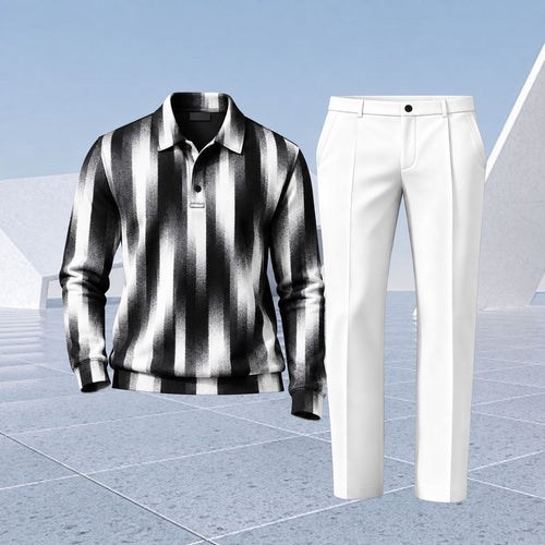 Men's Black-and-White Gradient-Print Polo Shirt and Pants Two-Piece Set