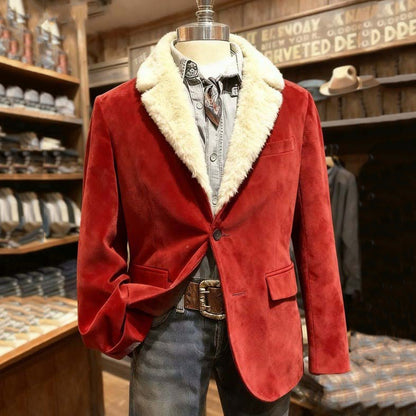 Men's Christmas Solid Color Fur Collar Printed Blazer