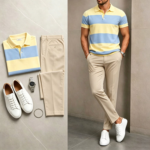Men's Casual Yellow Stripes Printed Polo Shirt And Pants Two-Piece Set