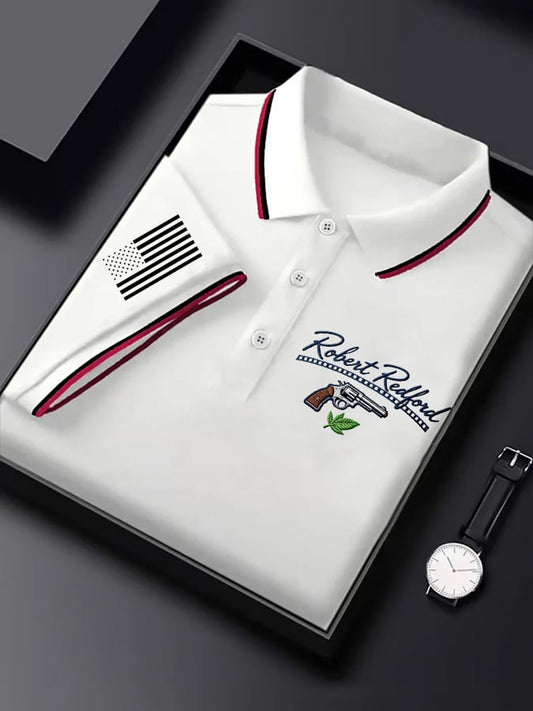 Men's Classic Business Logo Button Short Sleeve Polo Shirt
