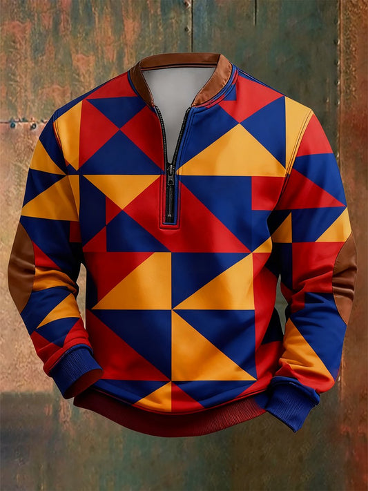 Men's Retro Bauhaus Geometric Style Print Quarter Zip Sweatshirt