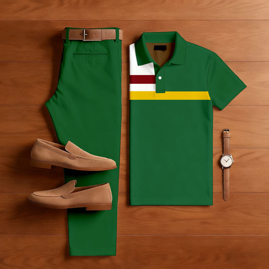 Men's Casual Color Matching Printed Polo-Collar Short Sleeved Trousers Two-Piece Set