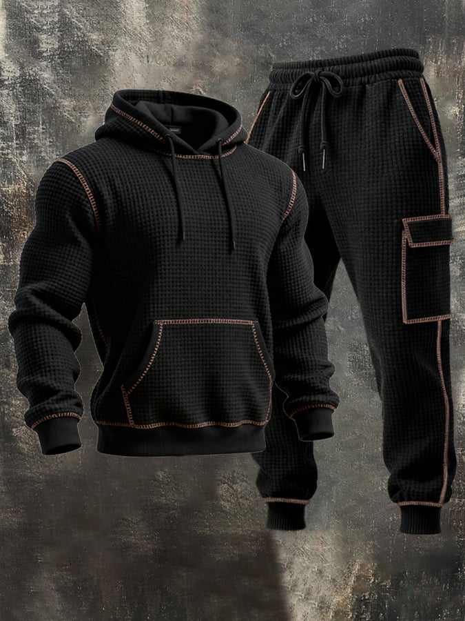 Men'S Waffle Stitching Contrast Color Hooded Casual Sweatshirt Suit