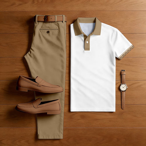 Men's Casual Printed Polo Shirt And Pants Two-Piece Set