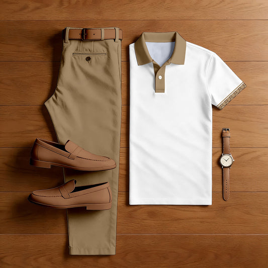 Men's Casual Printed Polo Shirt And Pants Two-Piece Set