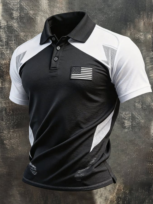 Men's Retro Patriotic Color-Block Short-Sleeve Polo Shirt