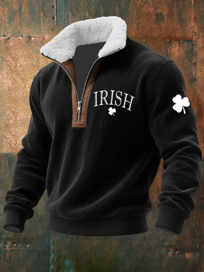 Men's St. Patrick's Day Printed Knitted Fabric Zipper Fur Collar Sweatshirt