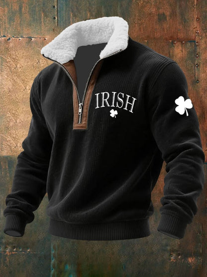 Men's St. Patrick's Day Printed Knitted Fabric Zipper Fur Collar Sweatshirt