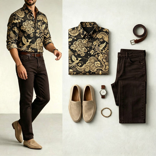 Men's Floral Long-Sleeve Shirt and Jeans Set
