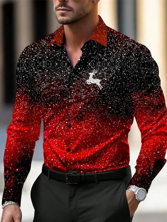 Men's Vintage Christmas Elk Business Print Long Sleeve Shirt