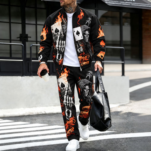 Men's Two-Piece Set: Fleece-Lined Jacket and Pants with Flame Print