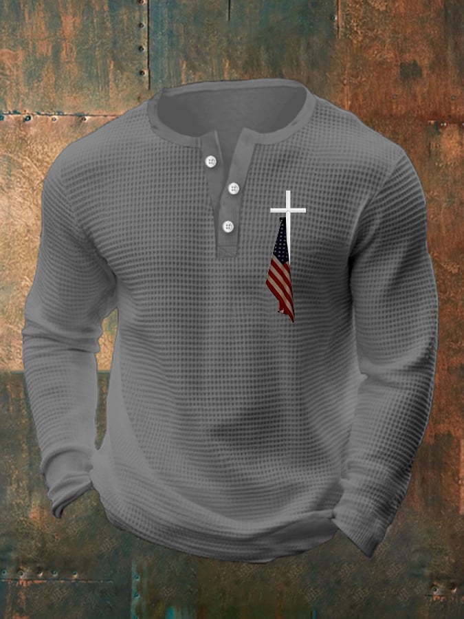 Men's Flag Cross Print Henley Collar Shirt
