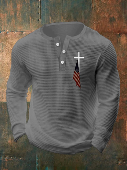 Men's Flag Cross Print Henley Collar Shirt