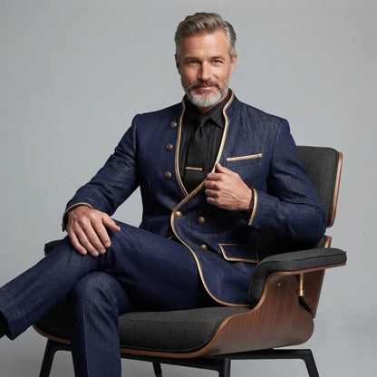 Men's Navy Blue Denim Contrast Piping Stand Collar Double-Breasted Jacket