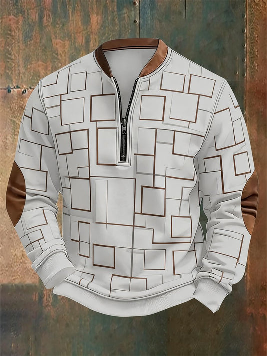 Men's Retro Bauhaus Geometric Style Print Quarter Zip Sweatshirt