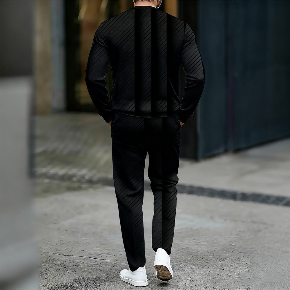 Men's Casual Color Matching Printed Round-Neck Zipper Long Sleeved Trousers Two-Piece Set