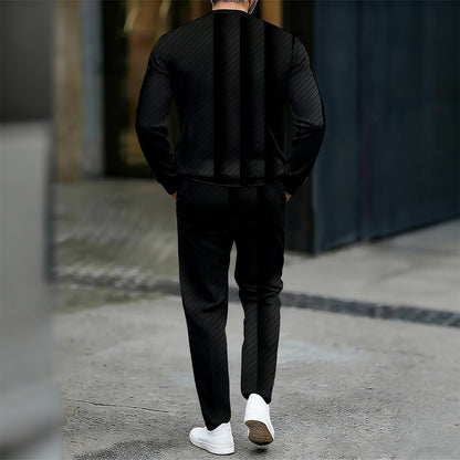 Men's Casual Color Matching Printed Round-Neck Zipper Long Sleeved Trousers Two-Piece Set