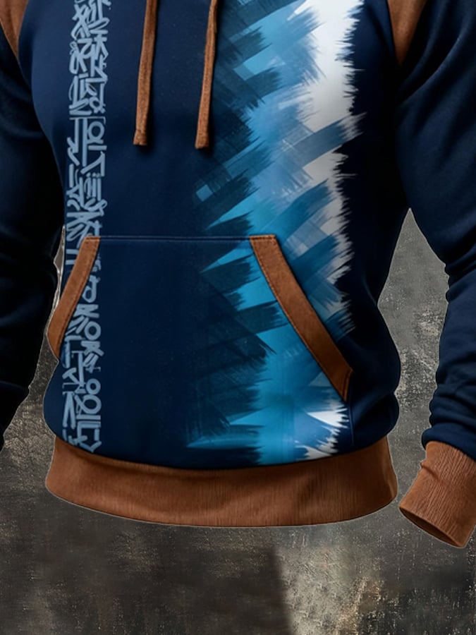 Men's Retro Distressed Color Block Print Casual Fur Collar Long Sleeve Sweatshirt