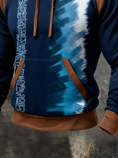 Men's Retro Distressed Color Block Print Casual Fur Collar Long Sleeve Sweatshirt