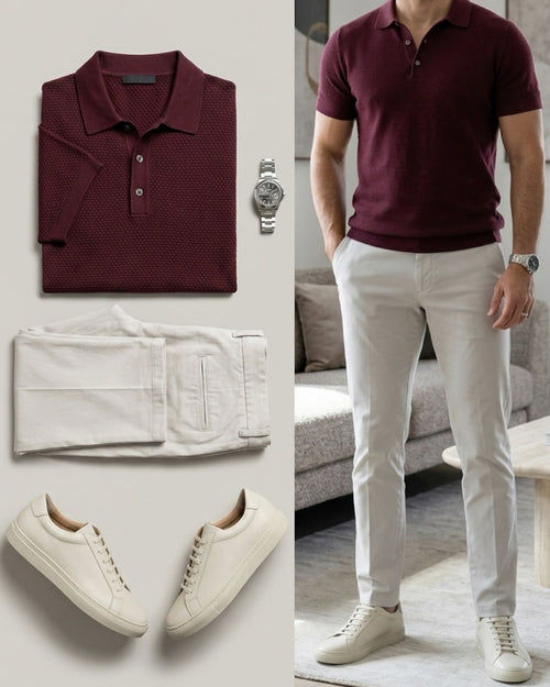 Men's Casual Crimson Color Short Sleeves Polo Shirt & Jeans Pants Two Piece Set